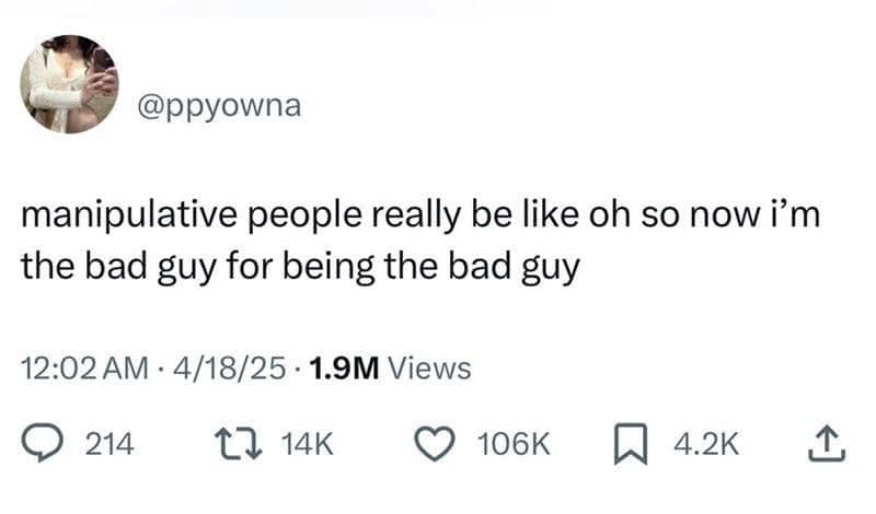 @ppyowna manipulative people really be like oh so now i'm the bad guy for being the bad guy 12:02 AM • 4/18/25 • 1.9M Views 214 17 14K • 106K 4.2K 企