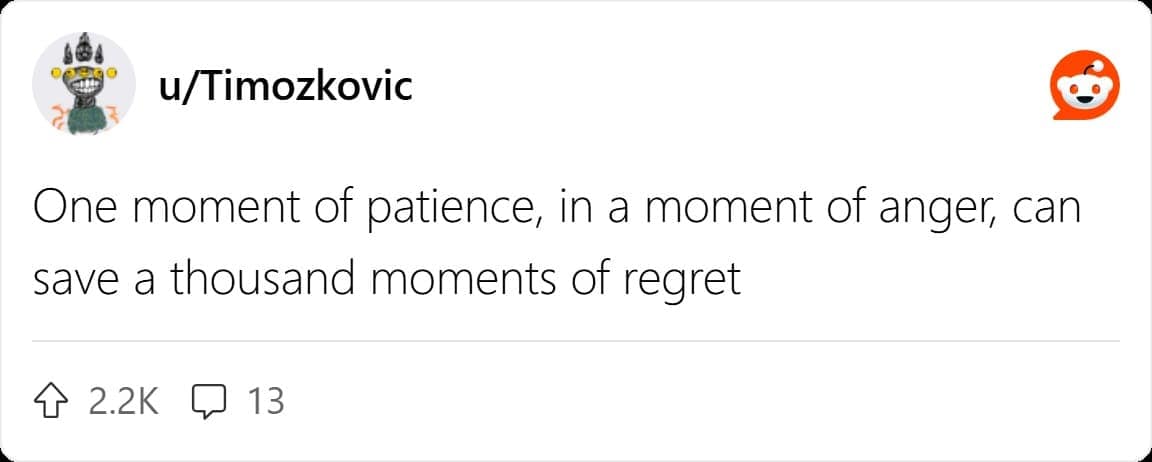 One moment of patience, in a moment of anger, can save a thousand moments of regret