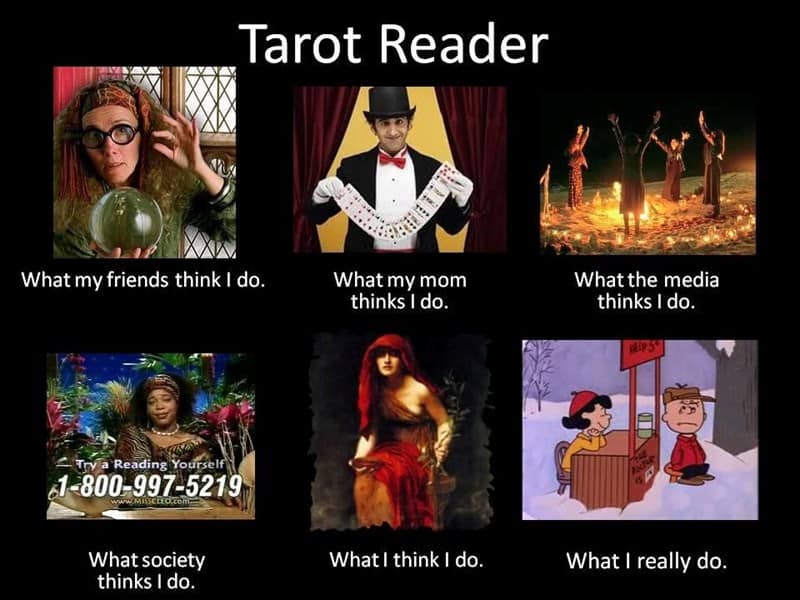 Tarot Reader What my friends think I do. What my mom thinks I do. What the media thinks I do. a Reading Yourself 1-800-997-5219 What society thinks I do. What I think I do. What I really do.