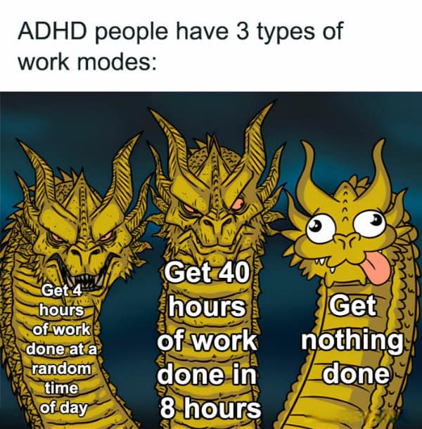 Meme with three dragon heads showing ADHD work modes.