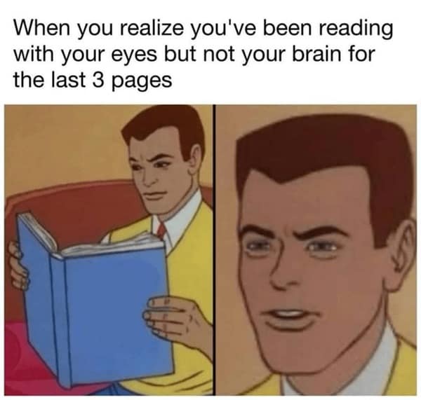 Comic panel meme about reading without comprehension.
