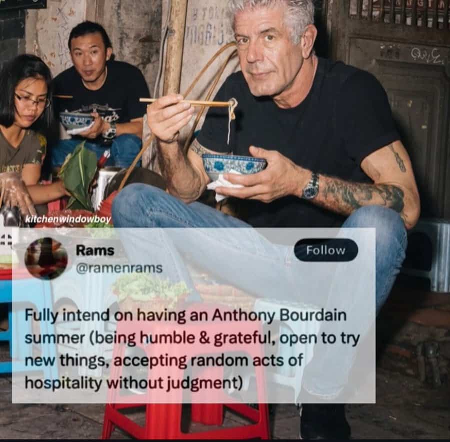 Anthony Bourdain eating noodles with tweet about having an ‘Anthony Bourdain summer’
