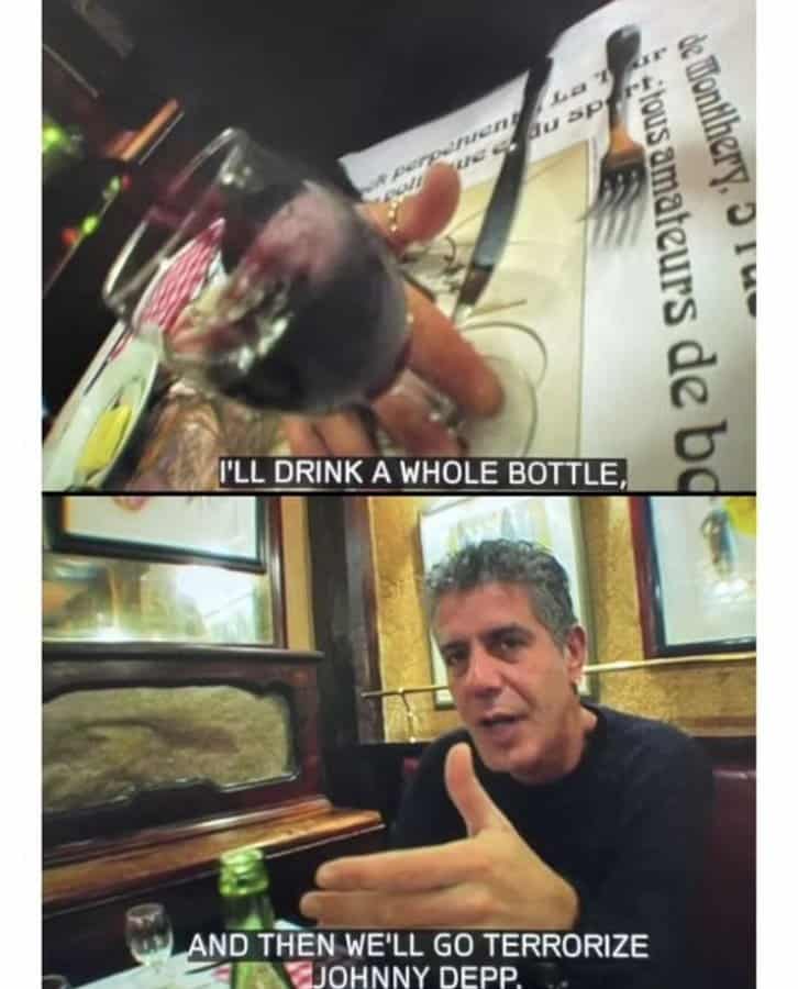 Anthony Bourdain drinking wine and joking about Johnny Depp