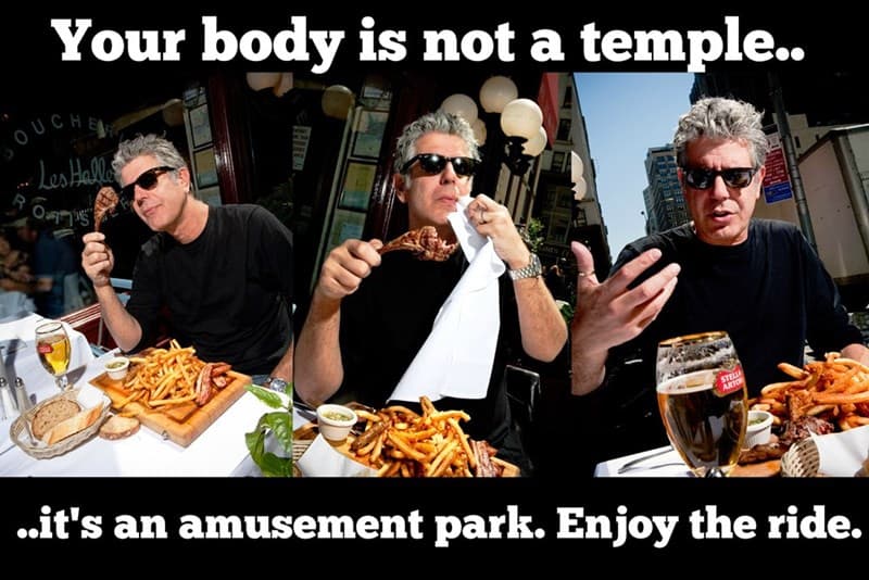 Anthony Bourdain enjoying meat and fries with amusement park metaphor