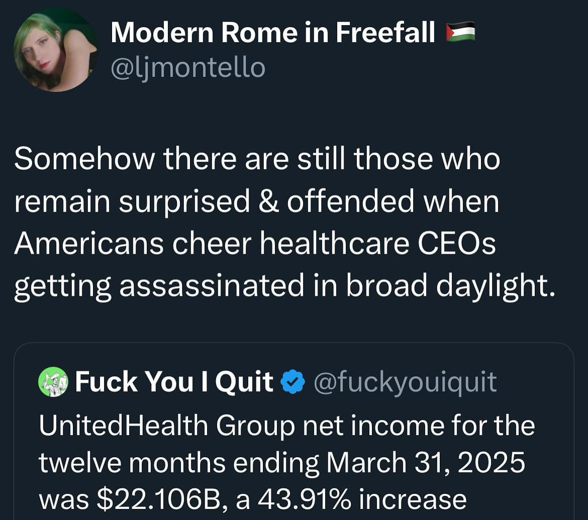 Satirical tweet about American healthcare CEO resentment