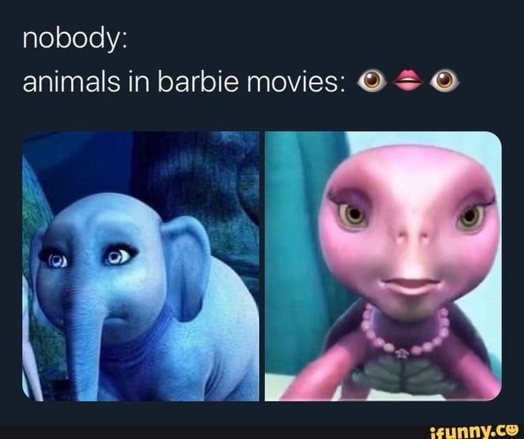 Barbie meme comparing animals in Barbie movies with human-like faces