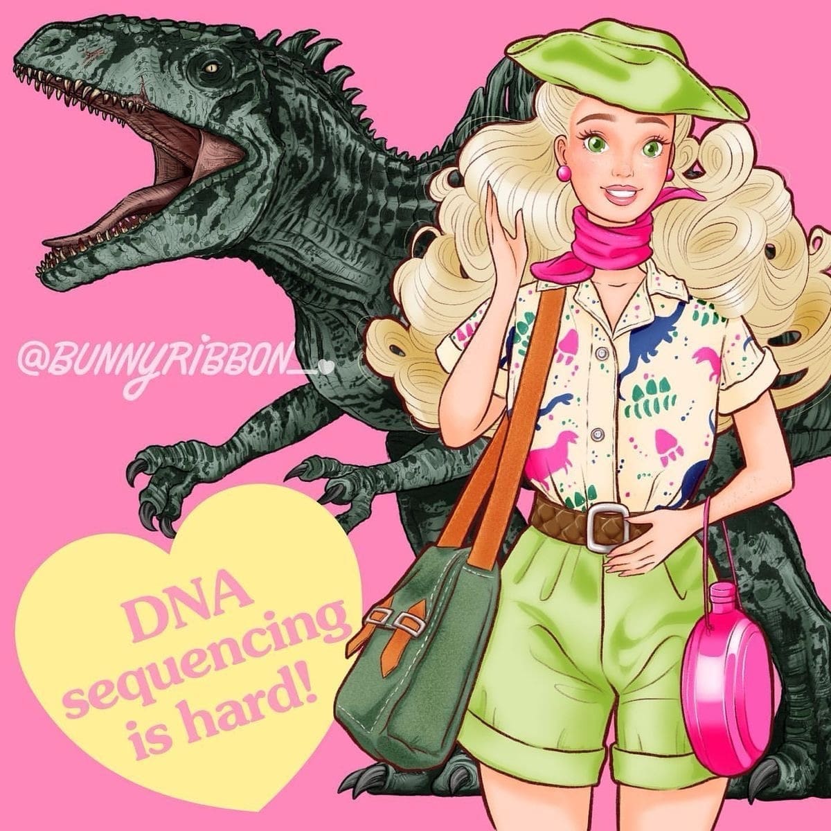 Barbie dressed as a paleontologist with dinosaur and DNA joke
