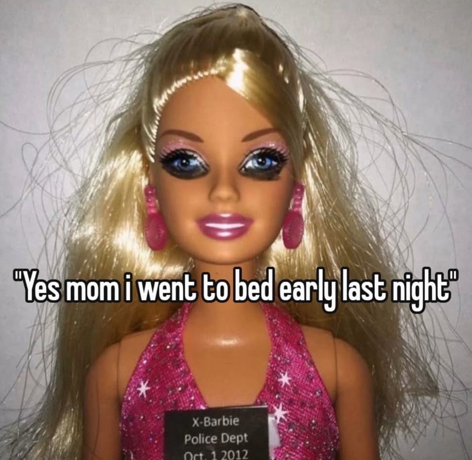 Barbie mugshot meme with raccoon eyes and wild hair