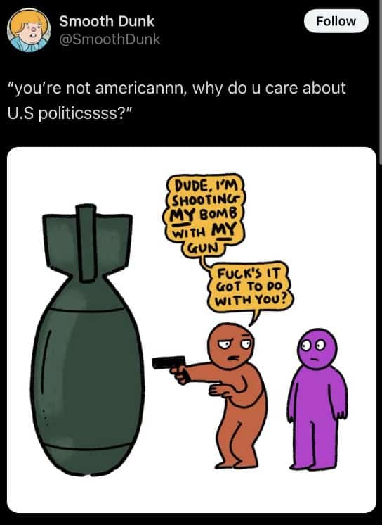 Comic: Brown figure says, “I’m shooting my bomb with my gun,” while another figure asks what it has to do with them.