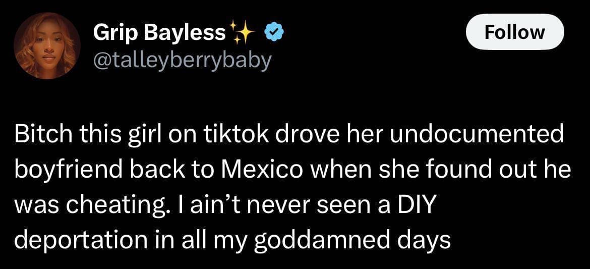Tweet: “Girl on TikTok drove her undocumented boyfriend back to Mexico after he cheated—DIY deportation.”