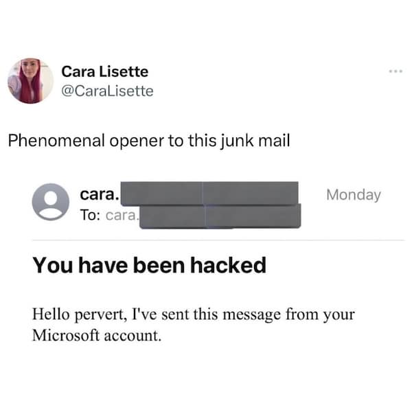 British memes tweet showing a hacked junk mail opener calling the recipient “pervert” from their Microsoft account
