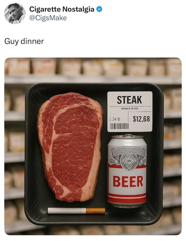 Steak, beer, and cigarette arranged in plastic tray labeled “Guy dinner”