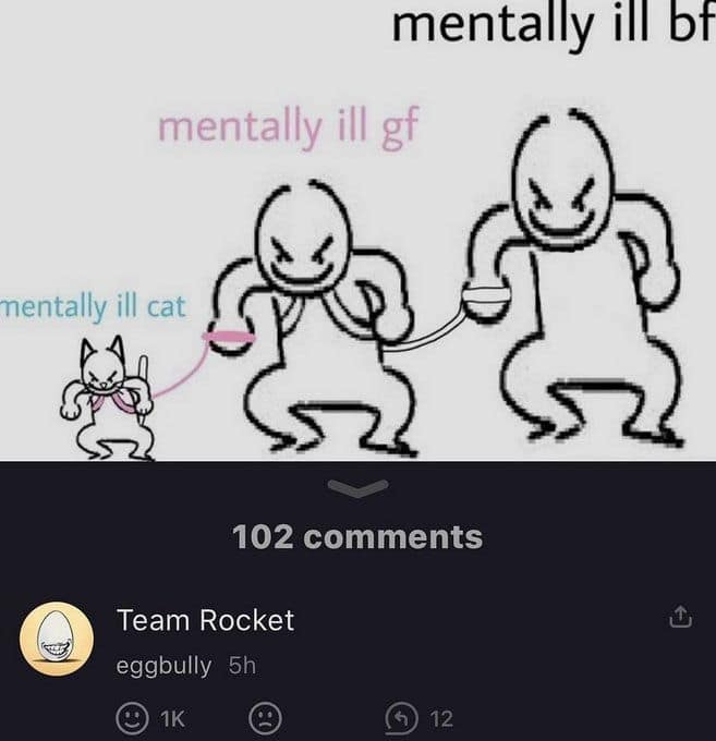 mentally ill bf mentally ill gf mentally ill cat 102 comments Team Rocket eggbully 5h © 1K (4 12