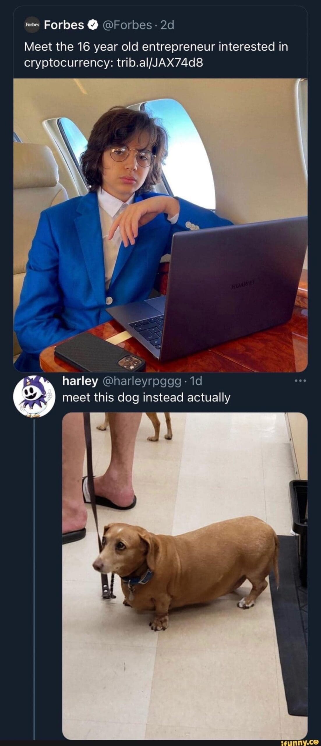 Fortes Forbes ® @Forbes • 2d Meet the 16 year old entrepreneur interested in cryptocurrency: trib.al/JAX74d8 harley @harleyrpggg: 1d meet this dog instead actually grinnv.co