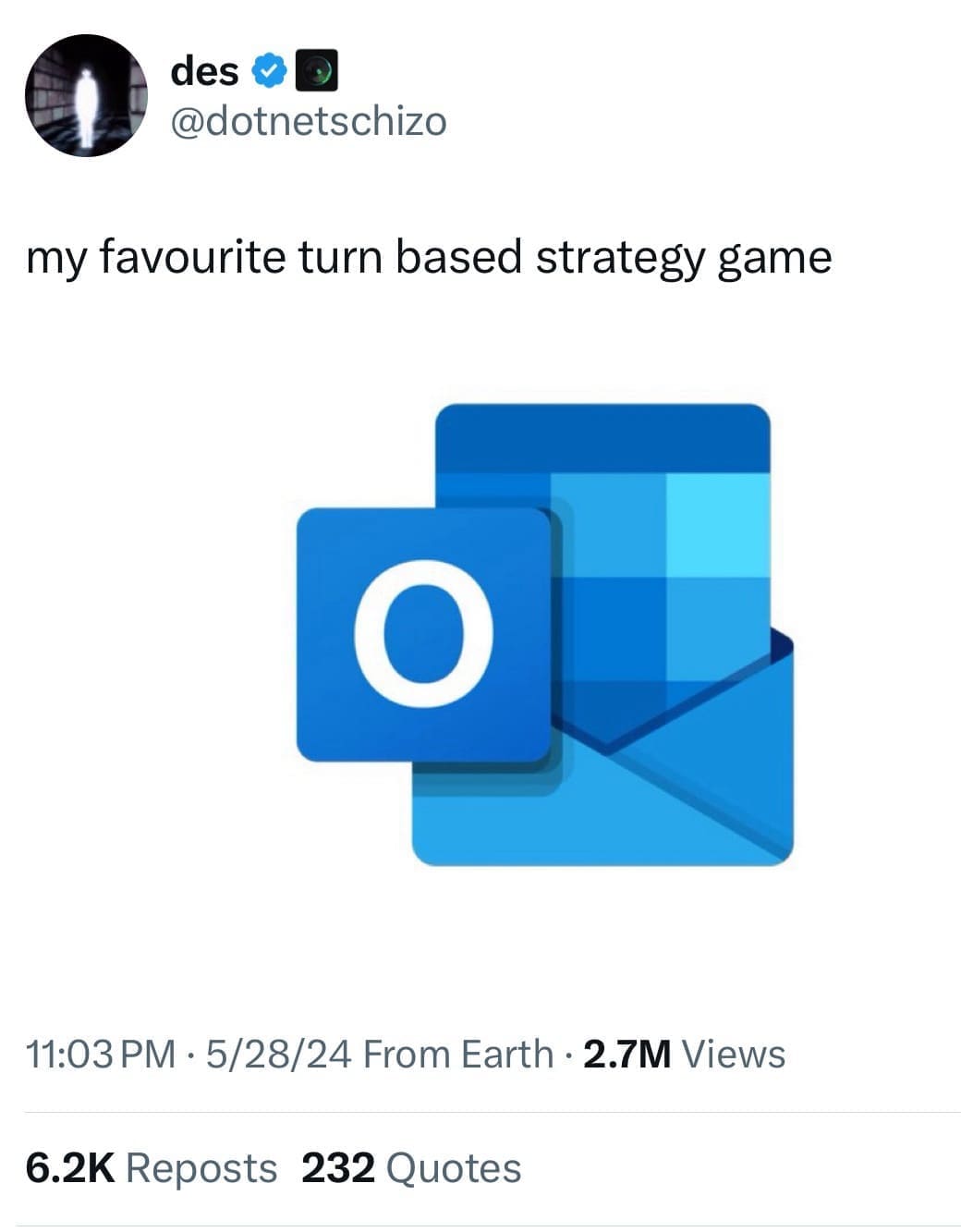 @dotnetschizo my favourite turn based strategy game О 11:03 PM • 5/28/24 From Earth • 2.7M Views 6.2K Reposts 232 Quotes