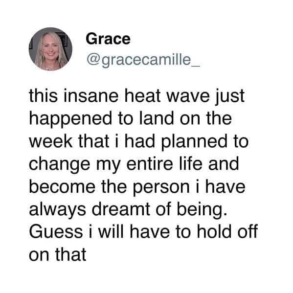 Grace @gracecamille. this insane heat wave just happened to land on the week that i had planned to change my entire life and become the person i have always dreamt of being. Guess i will have to hold off on that