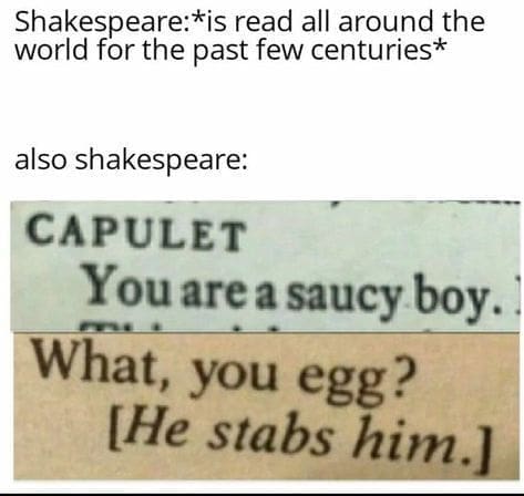 Shakespearean insults highlighted from a play: “You are a saucy boy” and “What, you egg?”