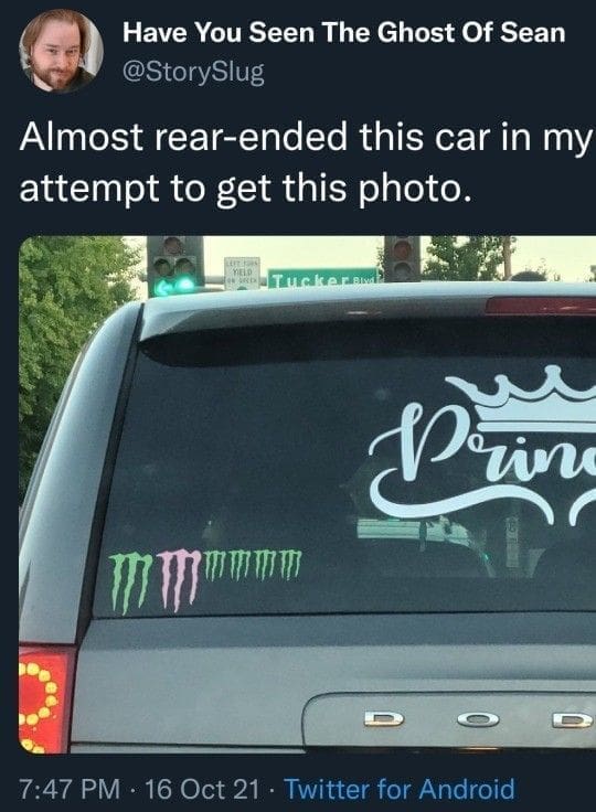 Tweet shows the back of a car with “Princess” sticker and eight Monster Energy logos