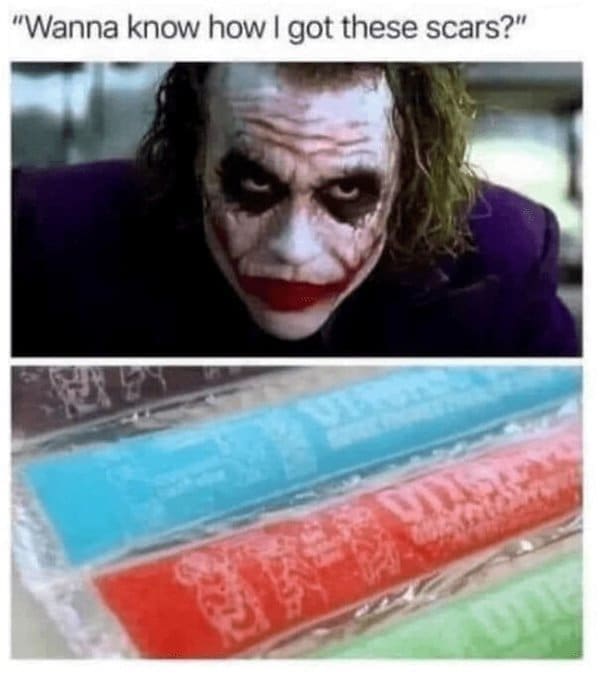 Joker’s face is shown above colorful freeze pops in reference to his scars