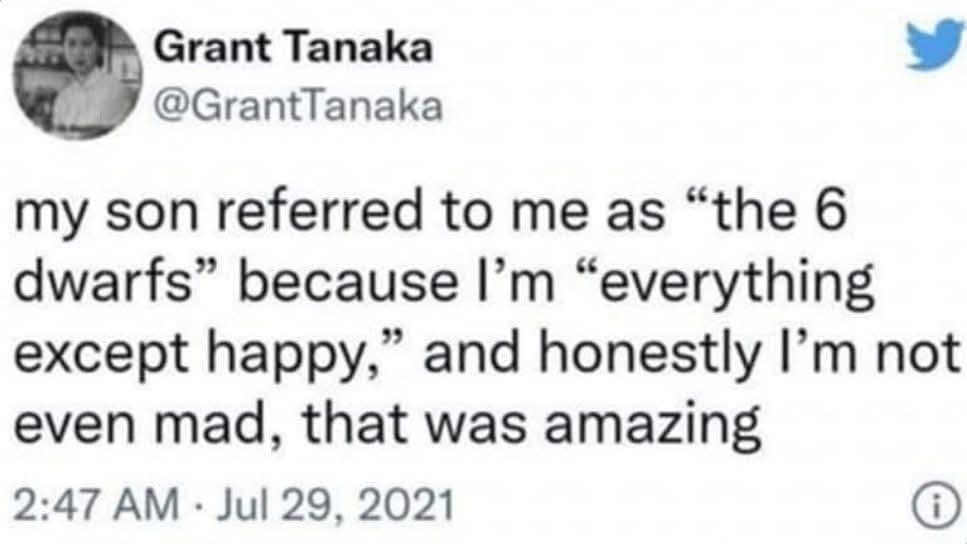 Grant Tanaka @GrantTanaka my son referred to me as "the 6 dwarfs" because I'm "everything except happy," and honestly I'm not even mad, that was amazing 2:47 AM • Jul 29, 2021