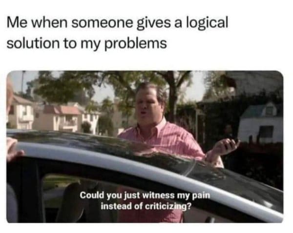 A man angrily gesturing while standing by a car, captioned “Could you just witness my pain instead of criticizing?”
