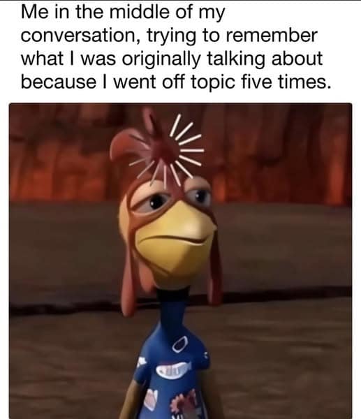 Me in the middle of my conversation, trying to remember what I was originally talking about because I went off topic five times.