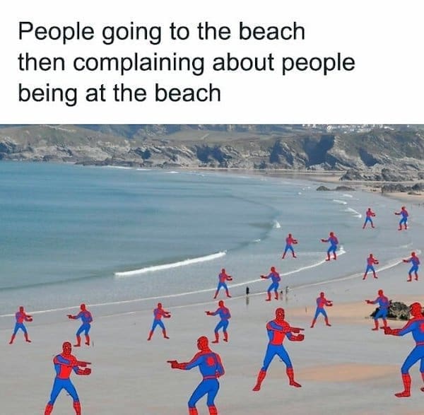 Beach full of pointing Spider-Men with caption about beachgoers complaining