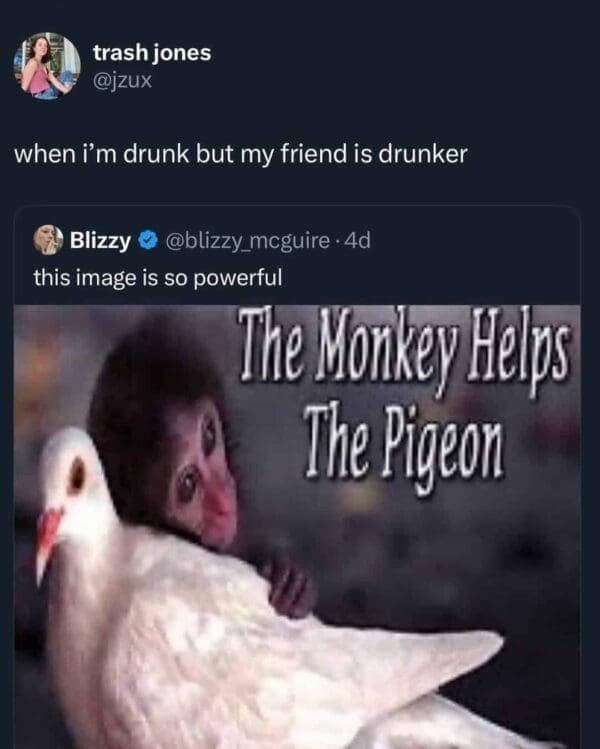 trash jones @jzux when i'm drunk but my friend is drunker Blizzy @ @blizzy mcguire • 4d this image is so powerful The Monkey Helps The Pigeon