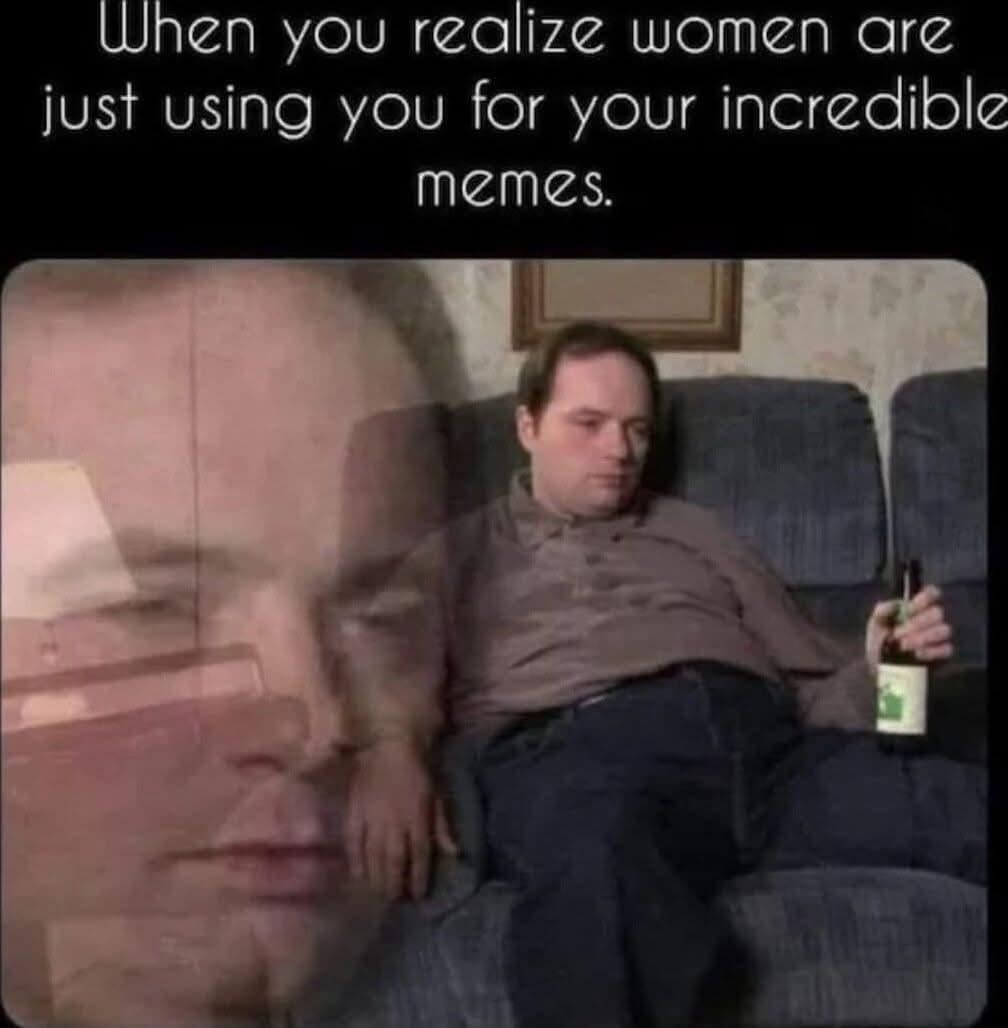 When you realize women are just using you for your incredible memes.