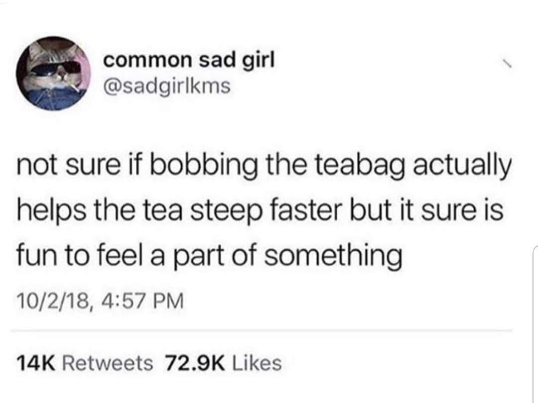 common sad girl @sadgirlkms not sure if bobbing the teabag actually helps the tea steep faster but it sure is fun to feel a part of something 10/2/18, 4:57 PM 14K Retweets 72.9K Likes