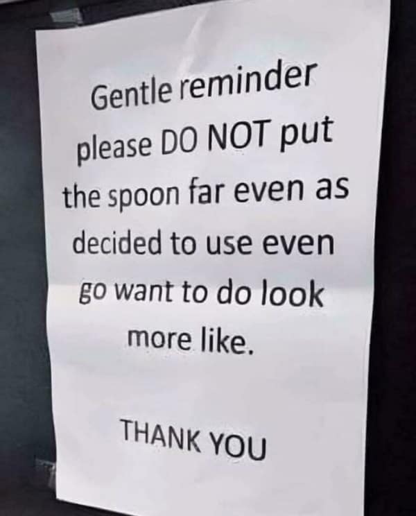 Confusing sign with jumbled message about using spoons