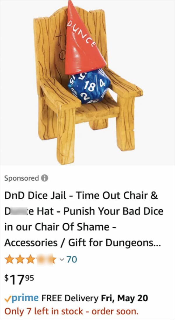 Amazon listing for a DnD dice jail with dunce hat and timeout chair
