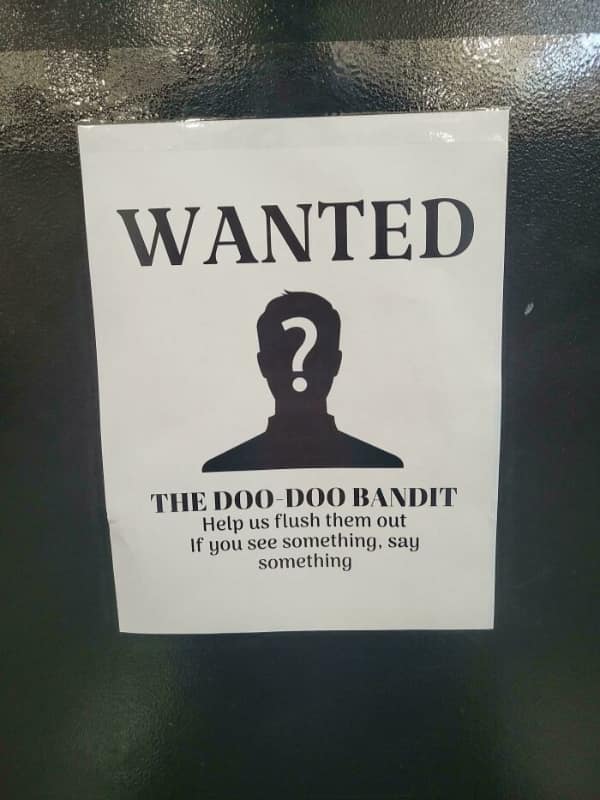 Wanted poster for “The Doo-Doo Bandit” in public restroom