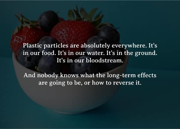 Plastic particles are absolutely everywhere. It's in our food. It's in our water. It's in the ground. It's in our bloodstream. And nobody knows what the long-term effects are going to be, or how to reverse it.