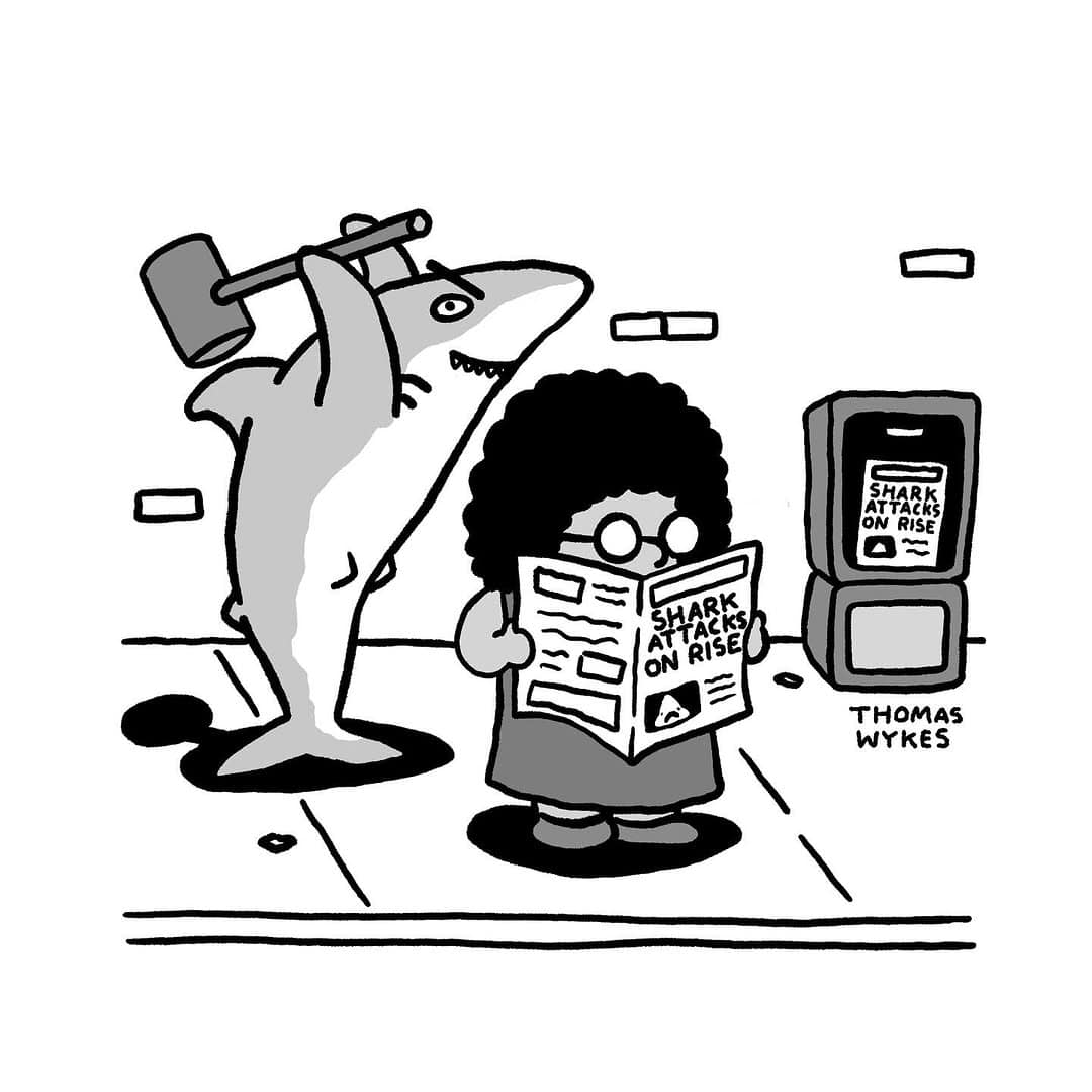 Shark with hammer stalks woman reading shark attack news