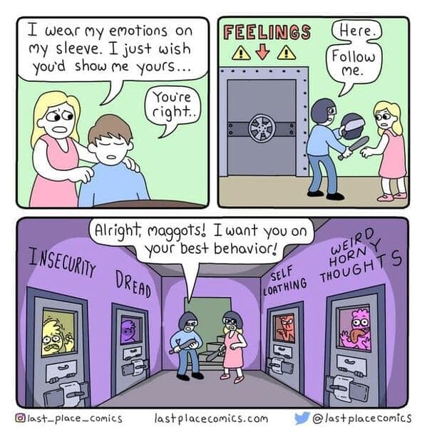 dark humor comics, last place comics, bleak humor, black comedy, twisted cartoons, irreverent comics, web comics, depressing humor, funny but dark, satirical comics, offbeat comics, tragicomedy, absurd humor, gallows humor, morbid jokes, internet comics, edgy humor, anxiety comics, bleak comedy, dark web art