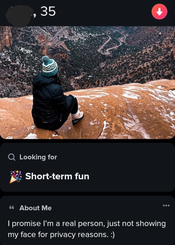Hiker sits on canyon cliff with profile offering short-term fun and no face shown