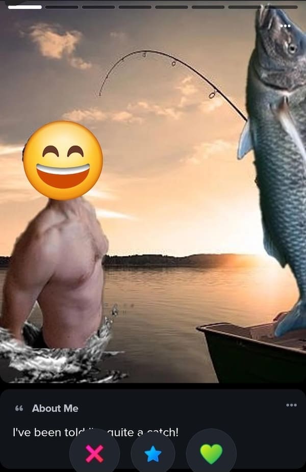 Shirtless man photoshopped into lake scene with giant fish and smiley face