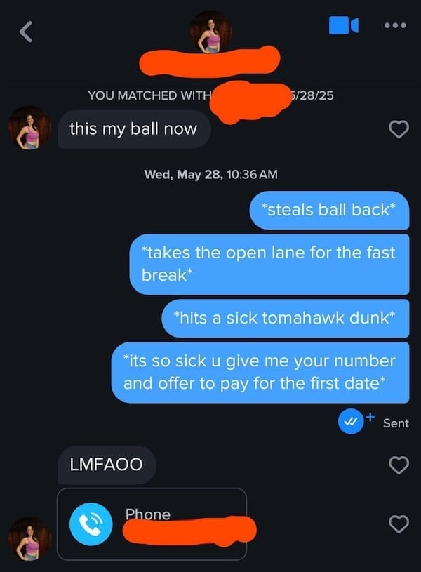 Hinge conversation turns into imaginary basketball play-by-play with a dunk