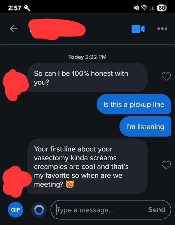 Vulgar pickup line involving vasectomy sparks bold flirtation in chat