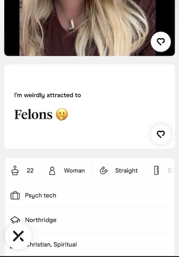 Blonde woman’s dating profile confesses attraction to felons with shy emoji