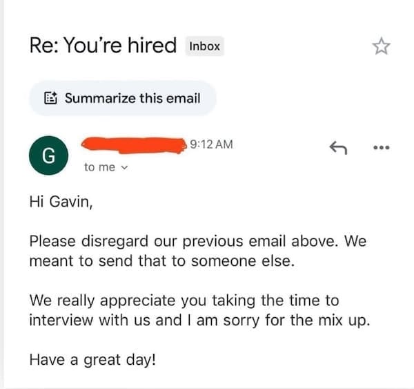 Rejected job offer email mistakenly sent to the wrong person.