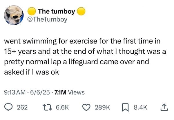 Tweet about swimming after 15 years with a lifeguard checking in.