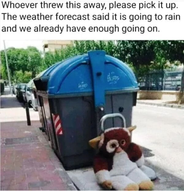 Stuffed toy Gremlin sitting beside a garbage bin on the street.
