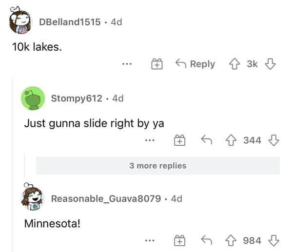 Minnesota lakes meme with Reddit users guessing the state