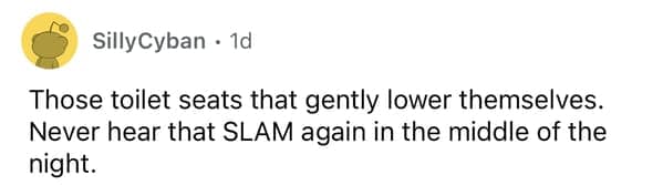 Those toilet seats that gently lower themselves. Never hear that SLAM again in the middle of the night.