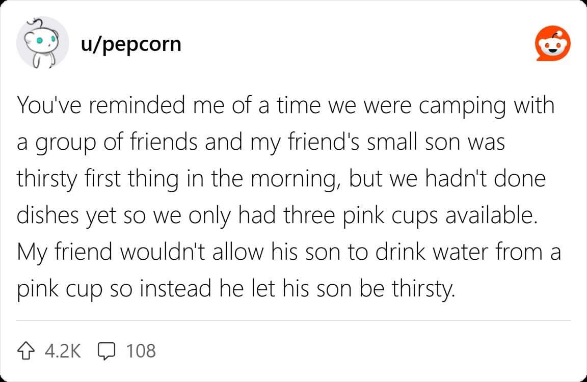 You've reminded me of a time we were camping with a group of friends and my friend's small son was thirsty first thing in the morning, but we hadn't done dishes yet so we only had three pink cups available. My friend wouldn't allow his son to drink water from a pink cup so instead he let his son be thirsty.