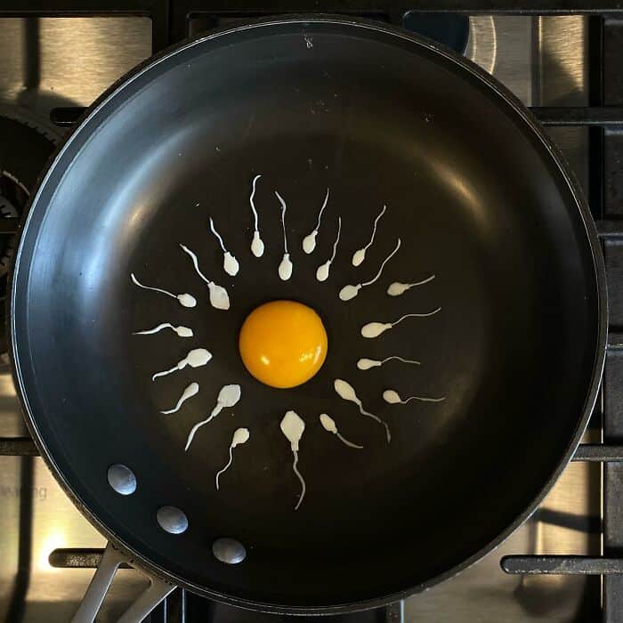 Fried egg yolk surrounded by sperm shapes made from egg whites