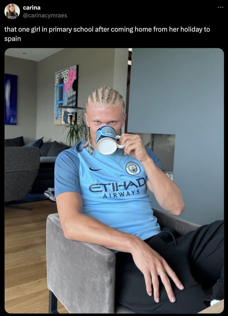 Footballer with cornrows sipping tea, compared to a girl back from Spain.
