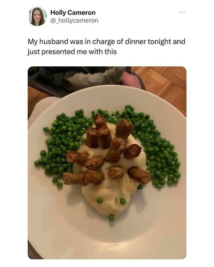 Odd dinner plate with peas, mash, and breadsticks arranged humorously.